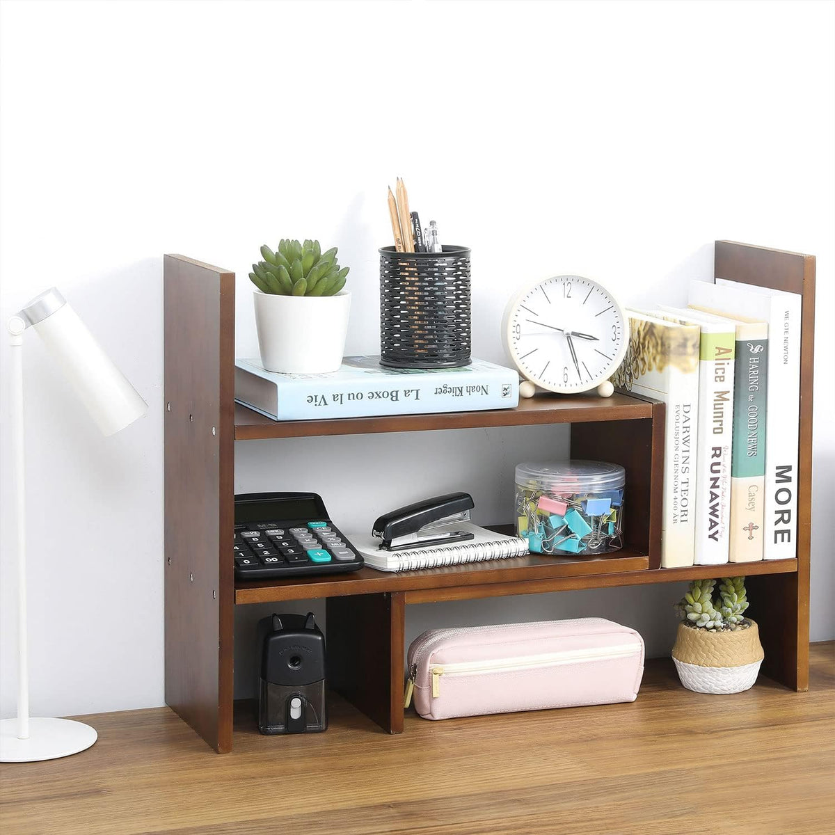MyGift Adjustable Brown Solid Wood Desktop Storage Organizer Display Shelf Bo...