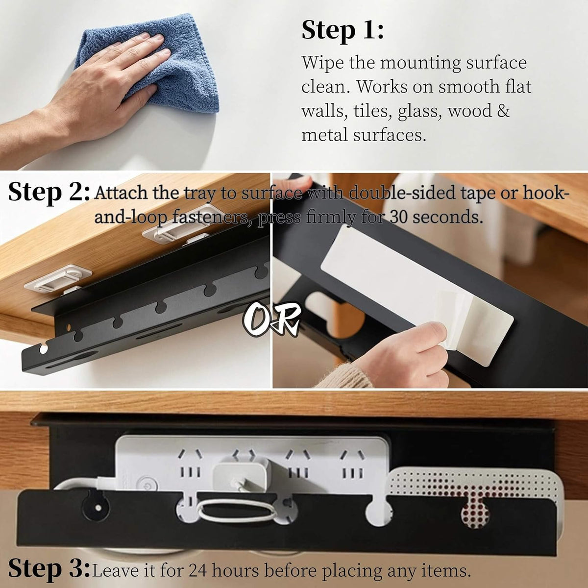 Ovanmexis Under Desk Cable Management Tray, White, No Drill, 2-Pack