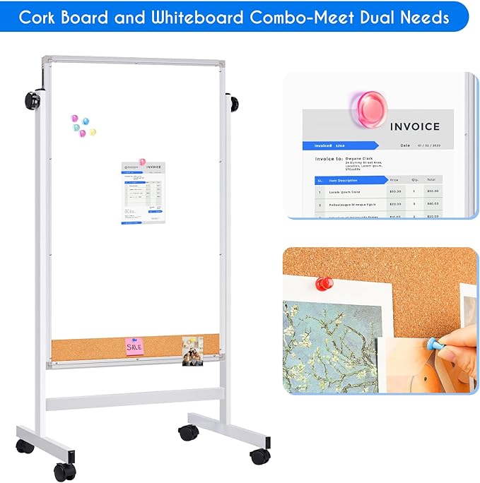maxtek Rolling White Board, 44x28 Inches Magnetic Cork Board Combo, Portable - Image 6
