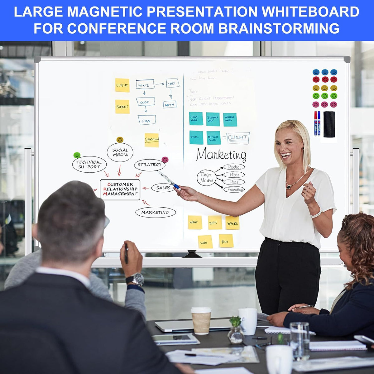 72"x40" Double-Sided Mobile Magnetic Whiteboard on Wheels | Large R...