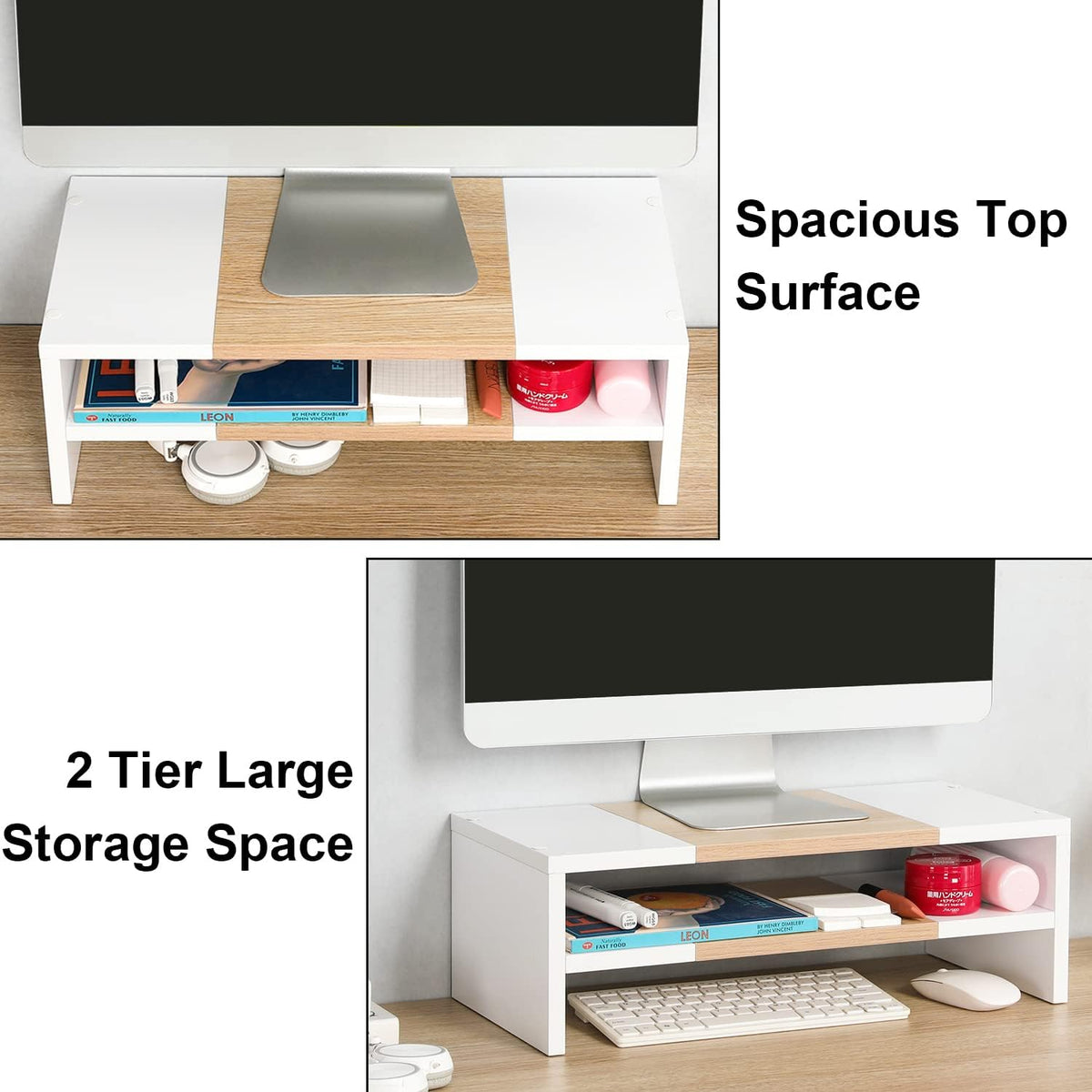 TEAMIX 20 inch Monitor Riser Stand - 2 Tiers, Wood Morden Desktop Bookshelf