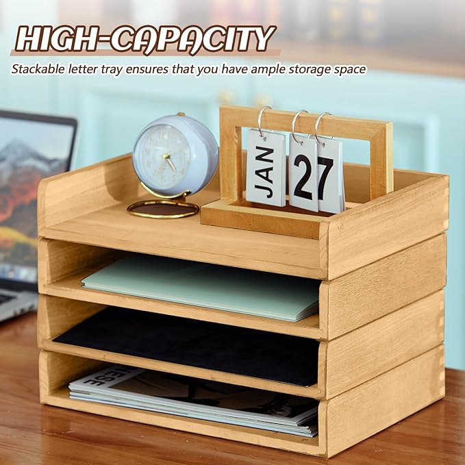 Yeaqee 4 Pcs Stackable Paper Organizer Tray Wood Desk Organizer Letter Tray - Image 5