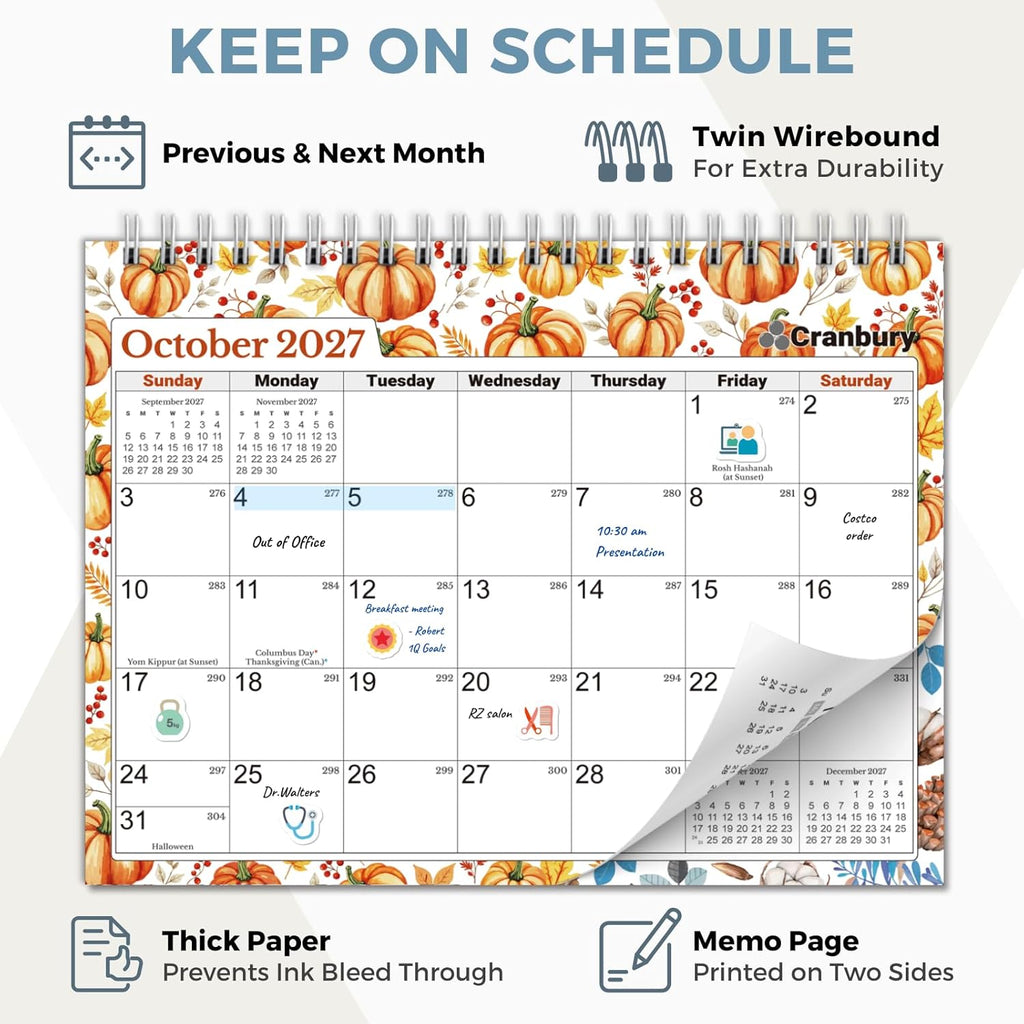 CRANBURY 2026-2027 Small Desk Calendar 8x6, Standing Flip Calendar | Compact 8x6 desktop calendar features monthly layouts with large writing blocks for schedules and reminders.