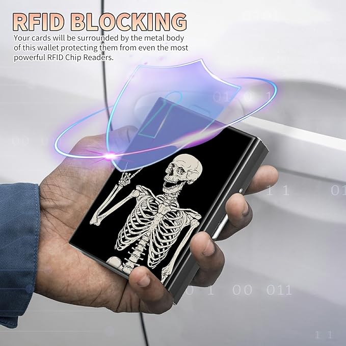 BWEGRHE Slim Credit Card Holder, Skull Skeleton RFID Blocking Metal Wallet - Image 3