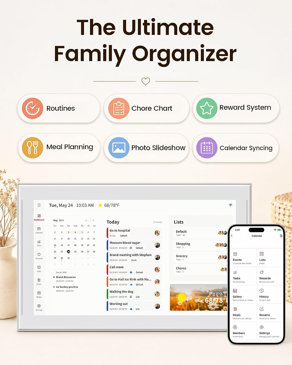 NGTeco 15.6" Digital Calendar, No-Subscription, Smart Family Wall Planne...