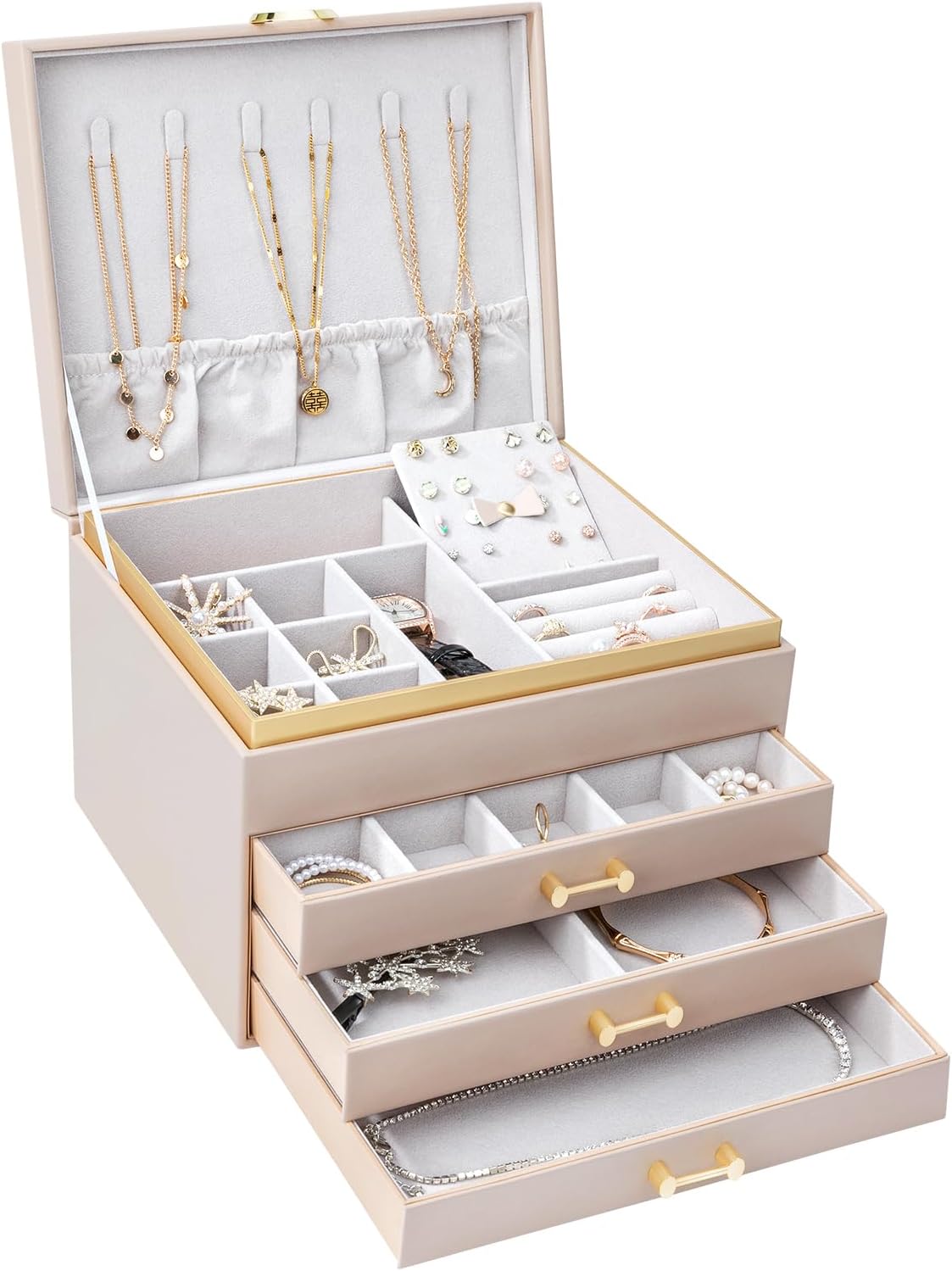 Large Jewelry Box, 4-Layer Leather Organizer, Apricot