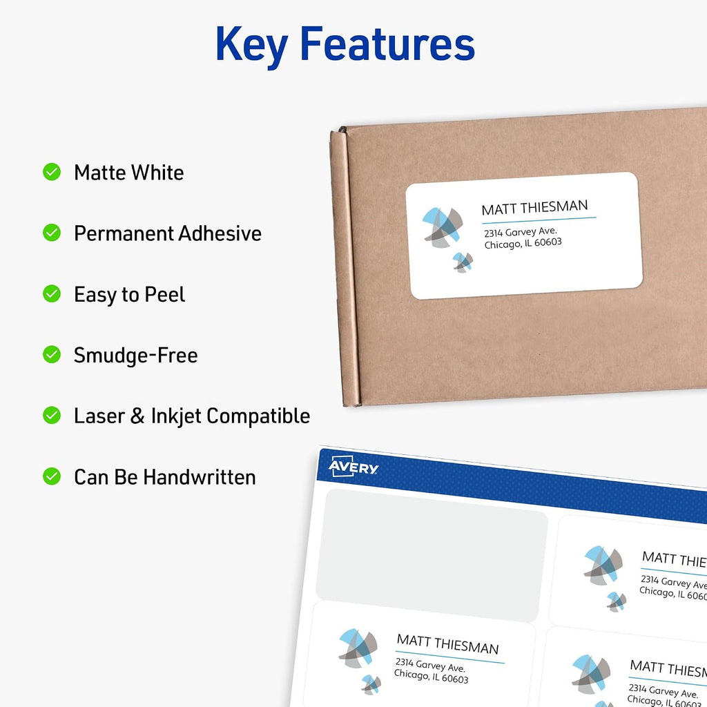 Avery Printable Shipping Labels with Sure Feed, 2" x 4" Customizable Stickers, White, 100 Blank Mailing Labels, Great for Mailing, Shipping, and More (18163)