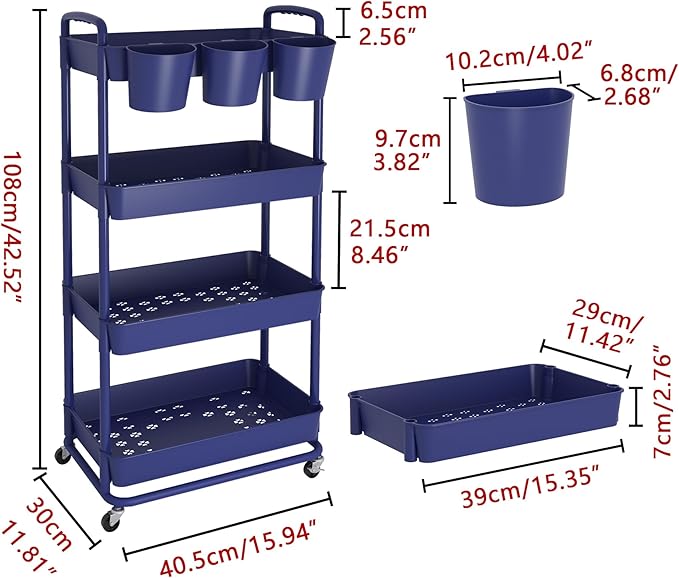 JIUYOTREE 4-Tier Plastic Rolling Storage Cart Utility Cart - Image 2