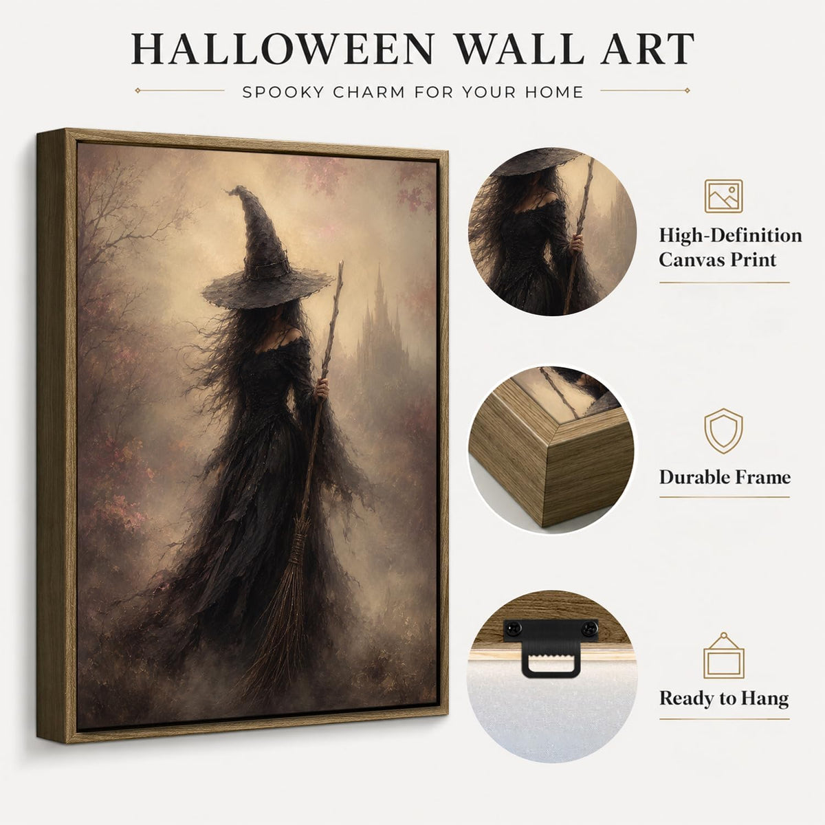 Halloween Framed Wall Art, Dark Witch with Broomstick Halloween Pictures
