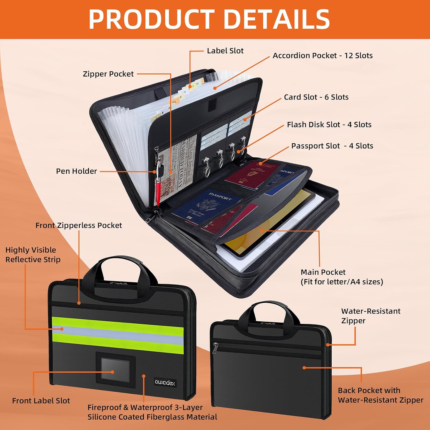 Fireproof Accordion Document Bag, Water-Resistant File Organizer, 12 Pockets 2200F, with Reflective Strip, Fire Safe Storage for A4 Letter and Other Sizes Important Documents - Black
