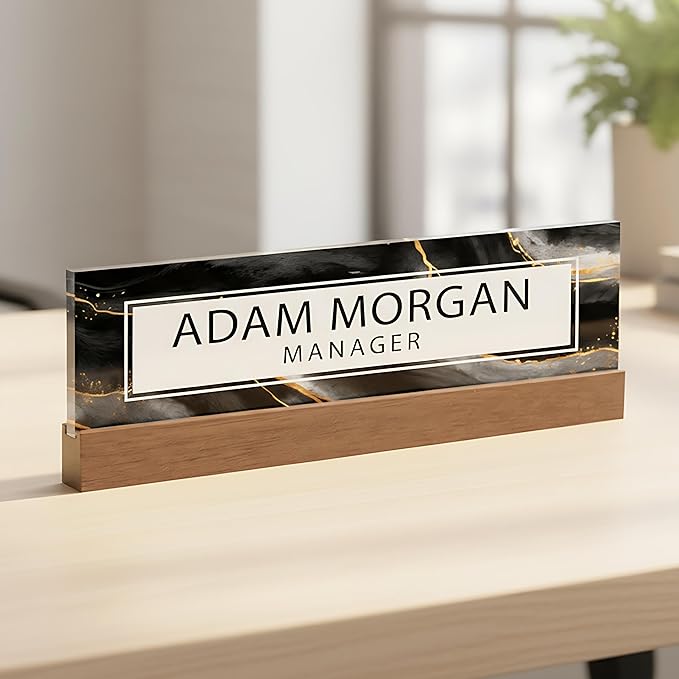 ARTBLOX | Office Personalized Name Plate Black Gold Marble Design On Clear by Artblox