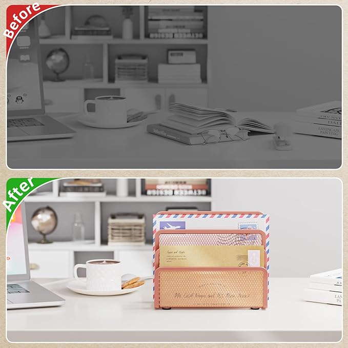 Marbrasse Mail Organizer for Desk, 3-Slot Mesh Metal Mail Holder countertop - Image 5
