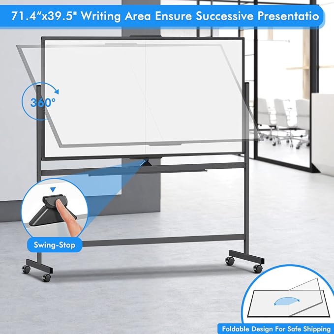 maxtek 72 x 40 Double Sided Rolling Whiteboard, Mobile Whiteboard Magnetic - Image 2