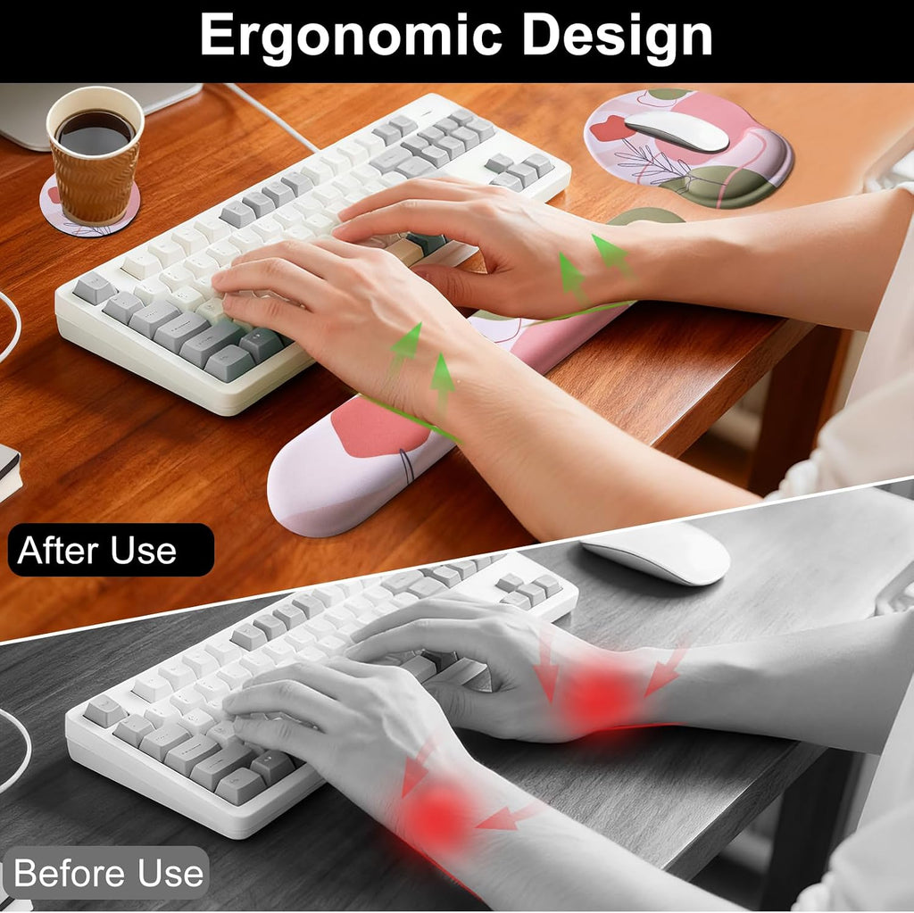 Keyboard Wrist Rest Mouse Pad with Wrist Support, Gaming Mousepad with Non-Slip Base, Ergonomic Mouse Wrist Arm Cushion Support for Home Office Laptop Computer, Easy Typing Pain Relief, Pink Flower