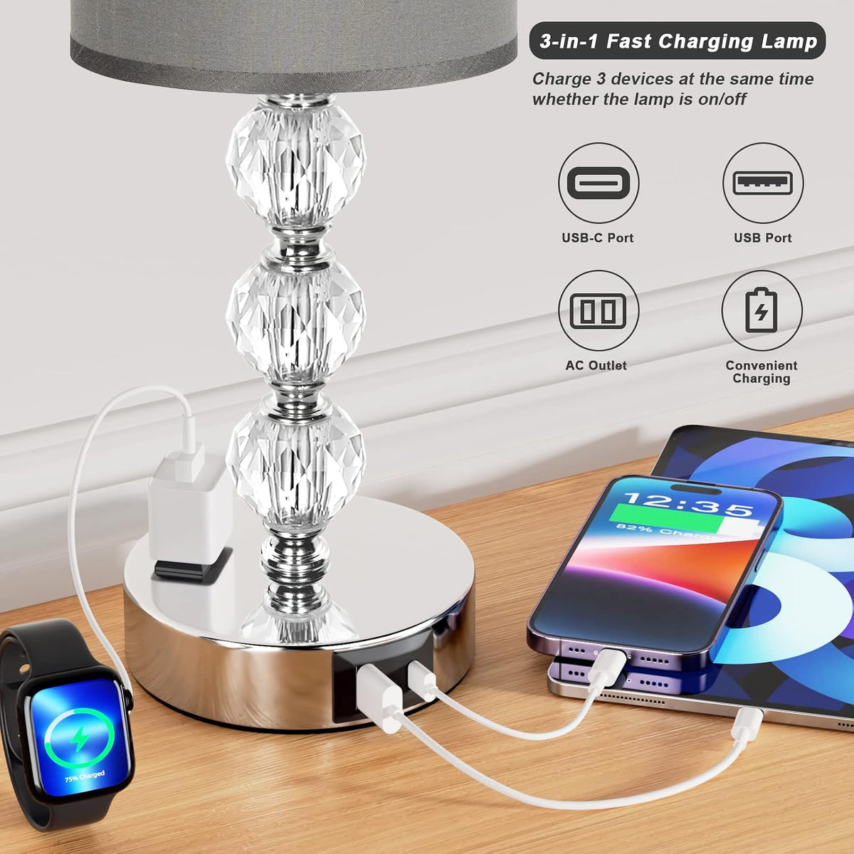 Grey Touch Bedside Lamps for Bedrooms - Crystal Table Lamp with USB C+A Charg...