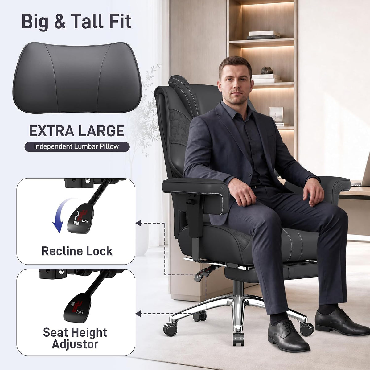 Big and Tall Executive Office Chair, 400 LBS, Footrest, Lumbar Support