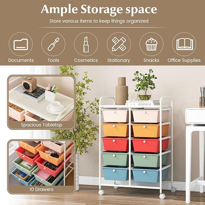 LDAILY 10 Drawer Rolling Cart, Storage Cart Organizer on Wheels, Drawer Cart - Image 5