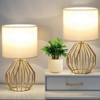Small Gold Table Lamps, Set of 2 Bedside Nightstand Lamps with White Fabric Shade, Metal Base, Hollow Geometric Desk Lamps for Bedroom, Living Room, Office