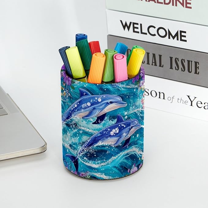 Leather Pen Holder for Desk, Dolphins Flowers Pencil Cup Desktop Organizer - Image 5