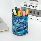 Leather Pen Holder for Desk, Dolphins Flowers Pencil Cup Desktop Organizer - Image 5