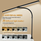 led desk lamp with clamp, dual head monitor, close-up detail