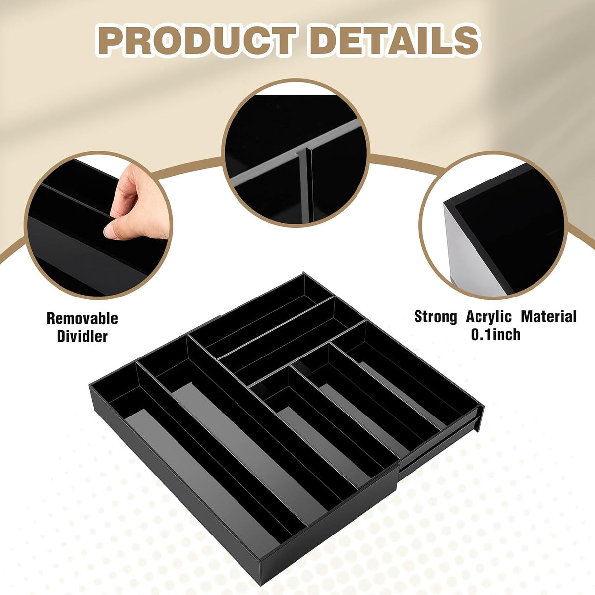 Briwooody Black Acrylic Drawer Organizer Expandable,7 Compartments,Large