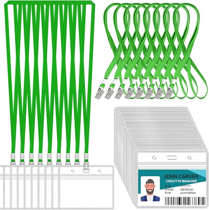 100 Pcs Clear Horizontal Badge ID Card and 100 Pcs Lanyard, Reusable Lanyards by Orcielo