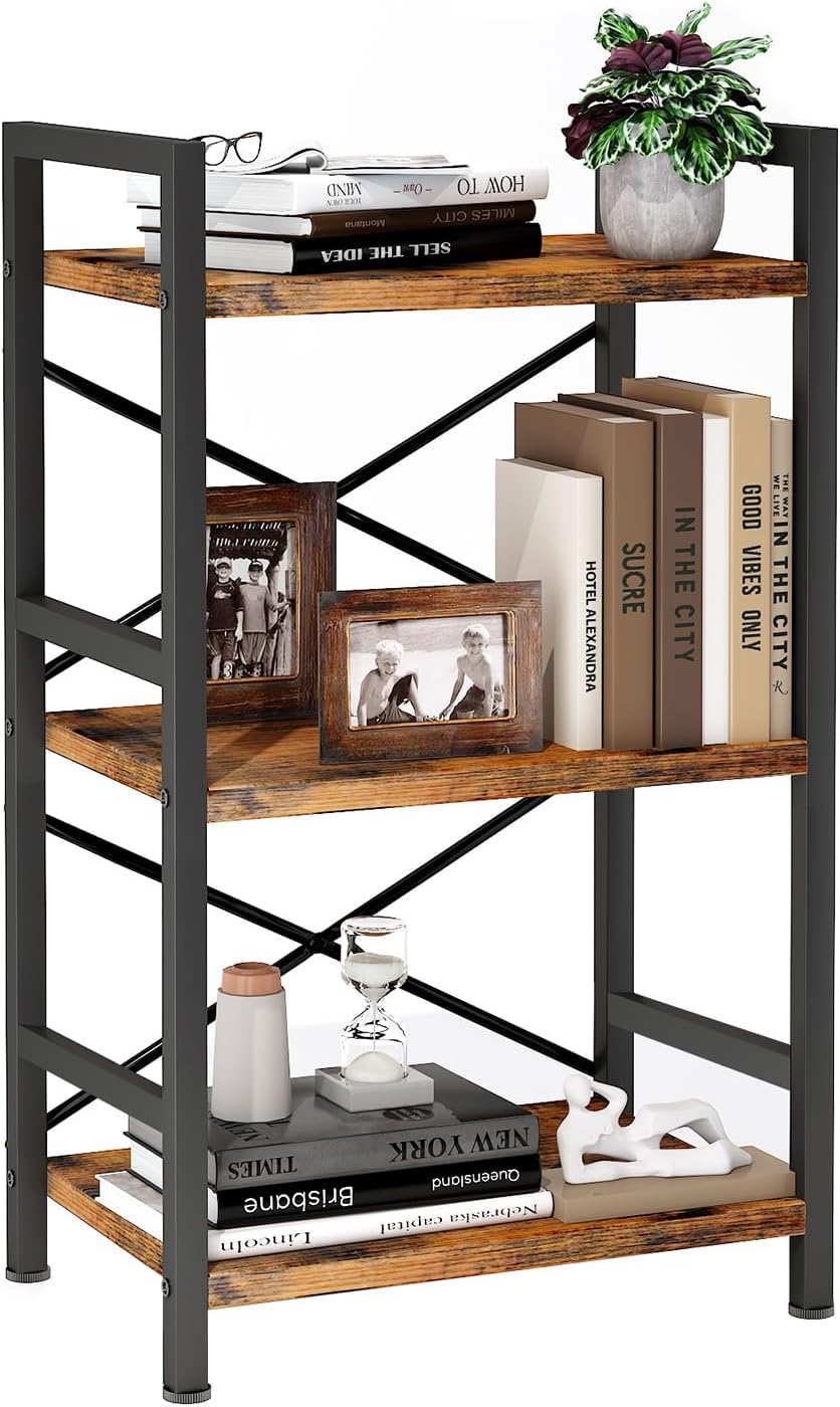 Homeiju Bookshelf, 3 Tier Industrial Bookcase, Metal Small Bookcase, Rustic E...