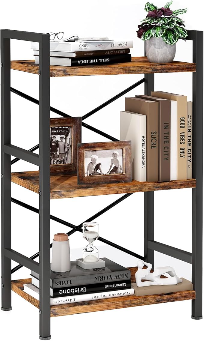 Homeiju Bookshelf, 3 Tier Industrial Bookcase, Metal Small Bookcase, Rustic - Image 9