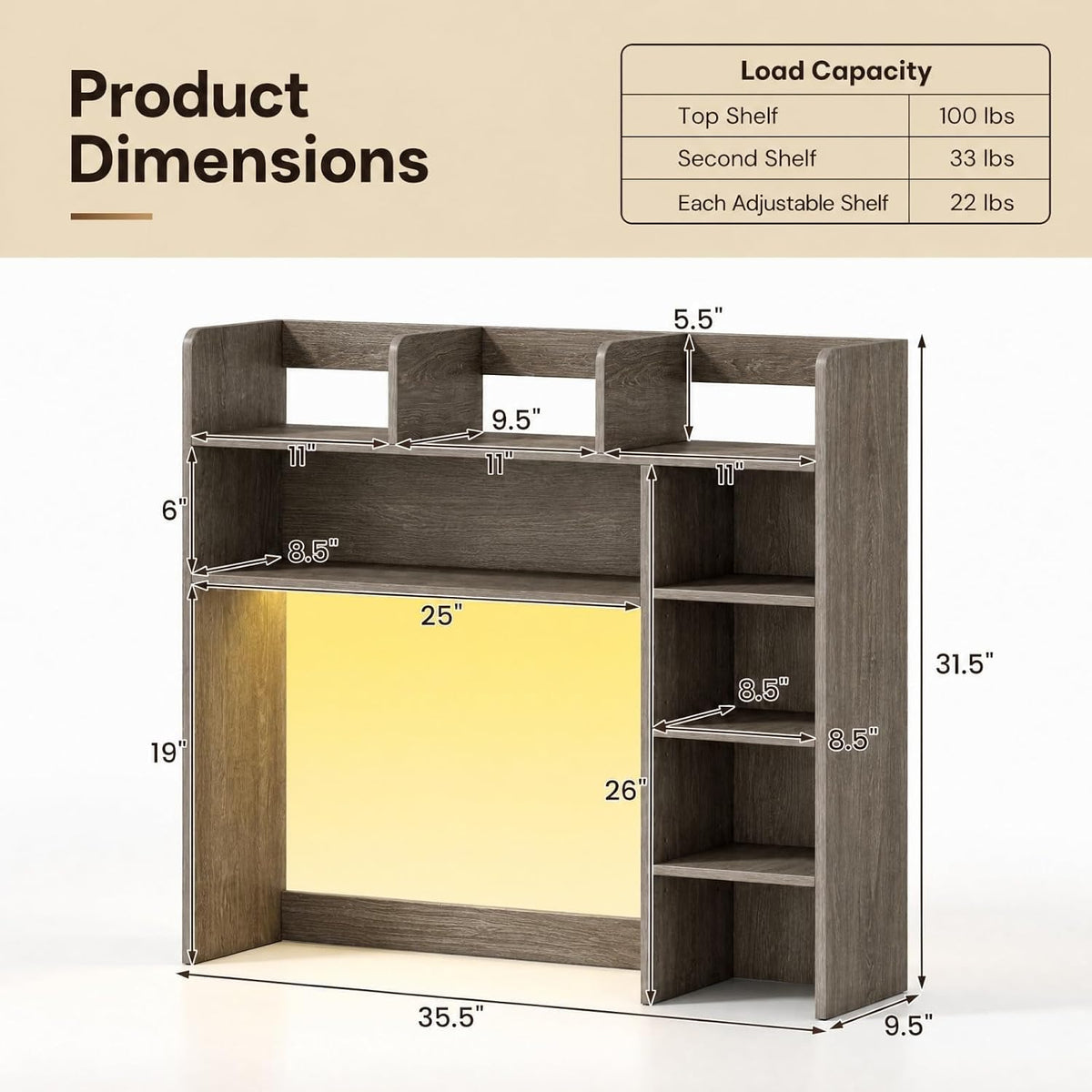GOFLAME Desk Hutch, 8 Shelves Desktop Bookshelf, 31.5”, Gray