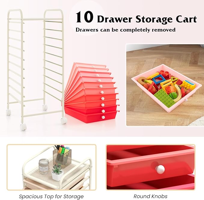 Giantex 10-Drawer Storage Cart w/Universal Wheel, Rolling Cart w/Handle - Image 6