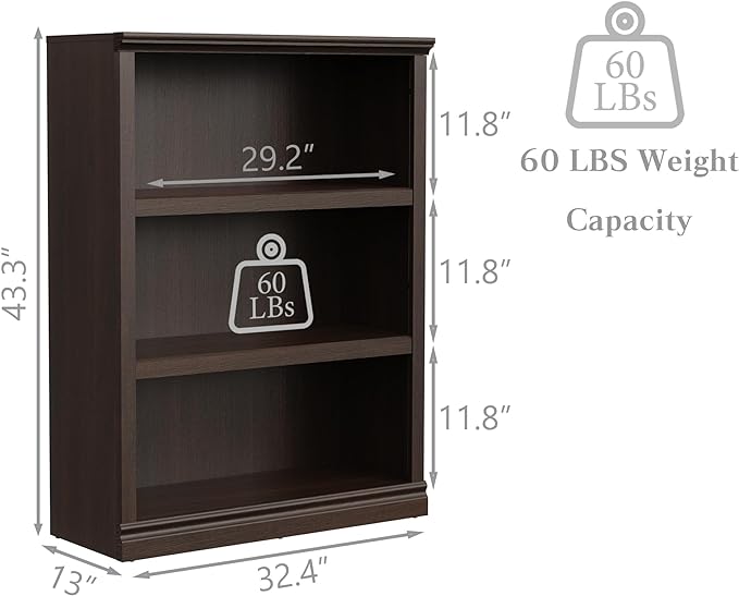 Bevfint 43 in Tall Bookcase, 3-Tier Bookshelf Open Storage, 33 inch Wide Floor - Image 3