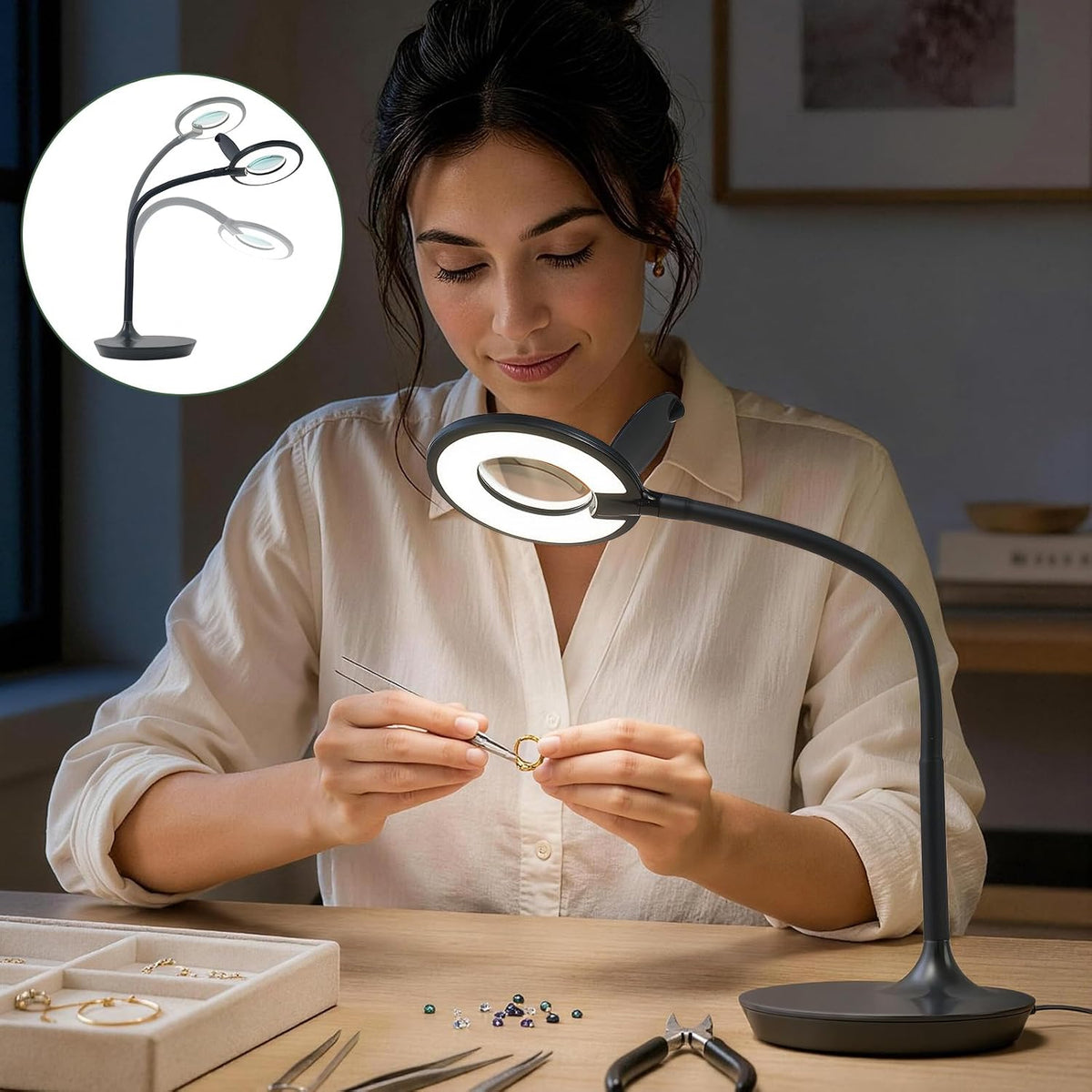 3X+6X Magnifying Glass with Light and Stand, Dimmable LED Magnifying Lamp