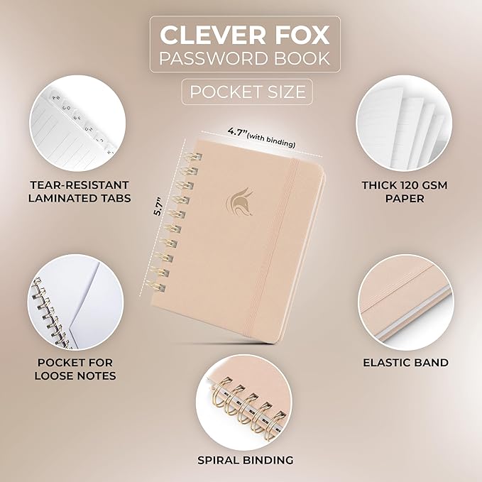 Clever Fox Password Book Spiral – Mini Internet Address & Password Organizer - Image 2