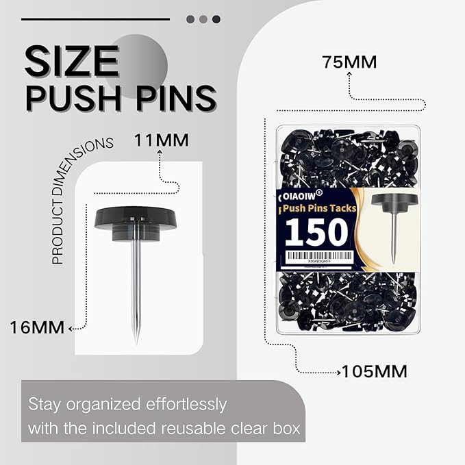 150 PCS Flat Black Push Pins for Wall Clear Thumb Tacks for Walls Flat - Image 6