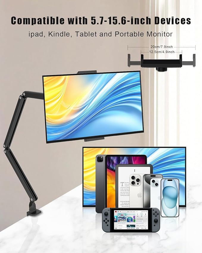 Tablet Stand for Desk/Bed, Adjustable iPad Holder Clamp Mount, Foldable Tablet - Image 5