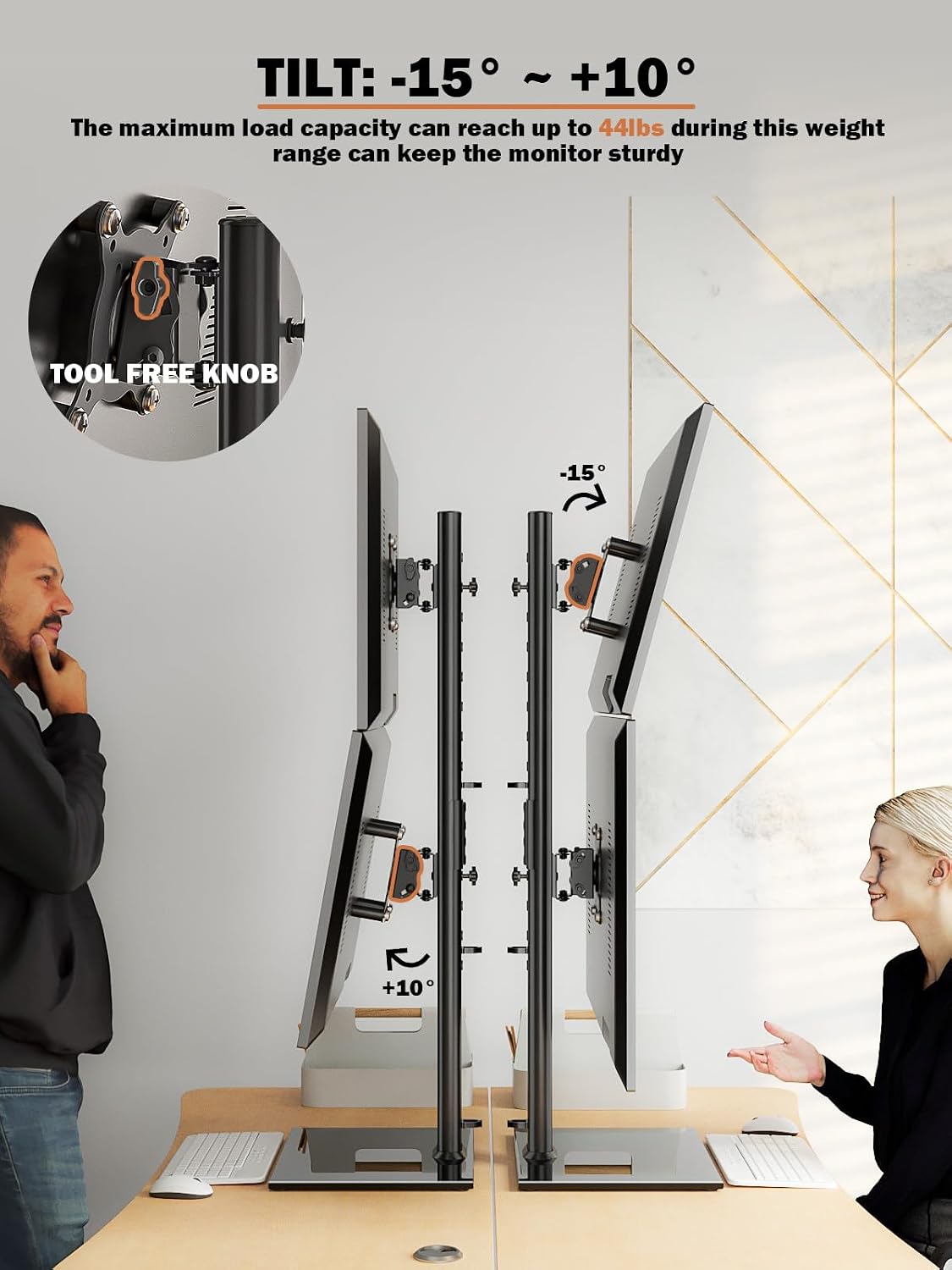 dual monitor stand - vertical stack screen free-standing, side view