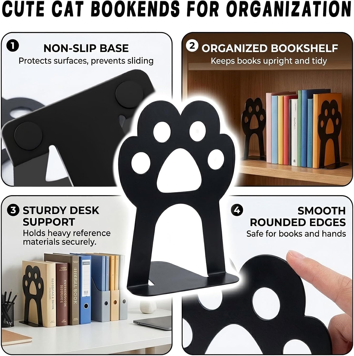 Metal Book Ends, Cat Decorative Bookends, 8 Pcs | Heavy Duty Bookends for Shelves,Book Ends for Office Home Cute Desk Bookshelf Decor Cat Lover Gifts