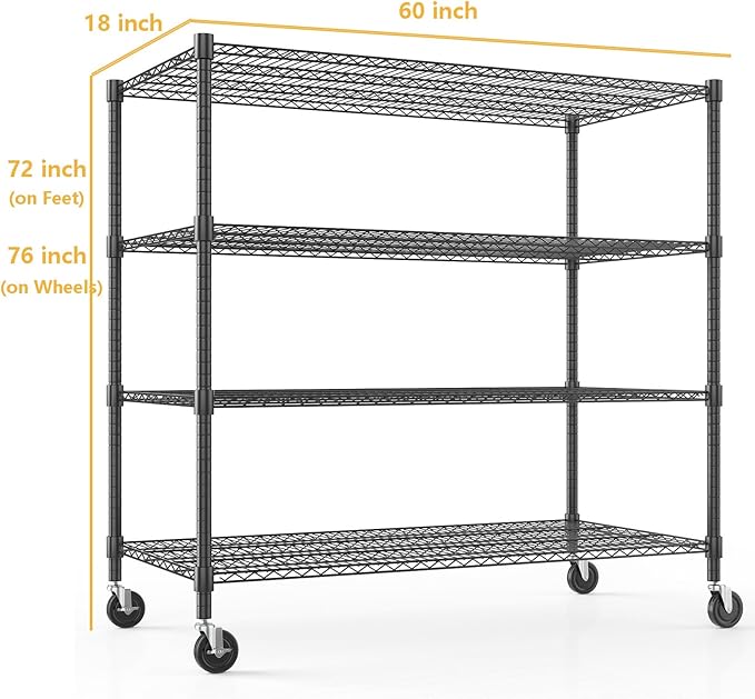 Himimi Storage Shelves with Wheels, 4-Tier Heavy Duty Steel Wire Rack Storage - Image 2