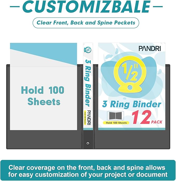 3 Ring Binder 0.5 Inch, PANDRI 12 Pack 0.5-Inch Binder Fits Letter Size 8.5'' x - Image 2