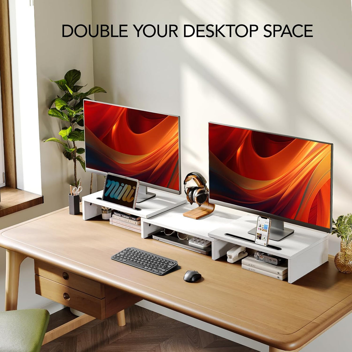 AMERIERGO Dual Monitor Stand Riser- 3 Shelf Screen Stand with Adjustable Leng...