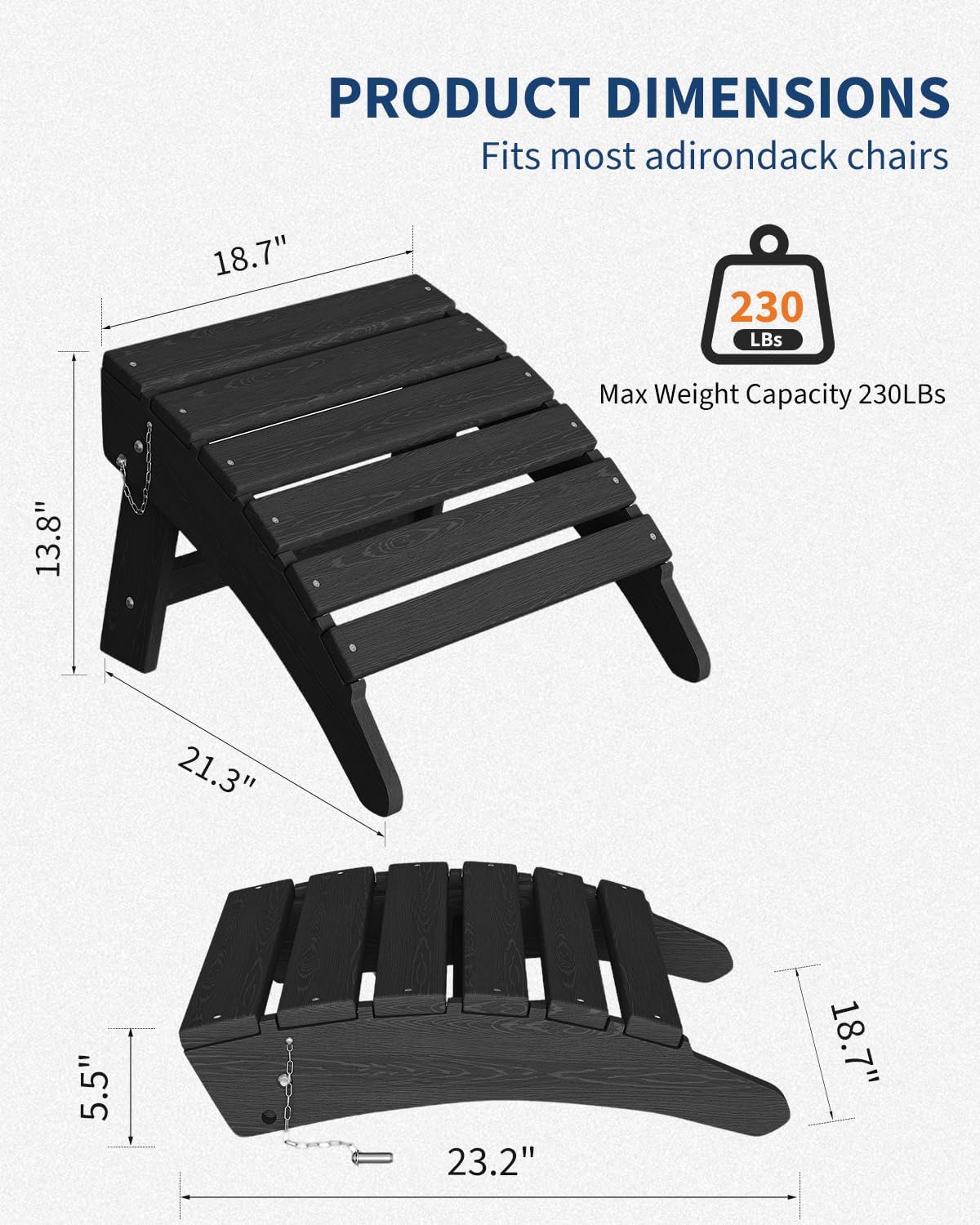 Folding Adirondack Ottoman, HDPE Footrest for Oudoor Chair, Black