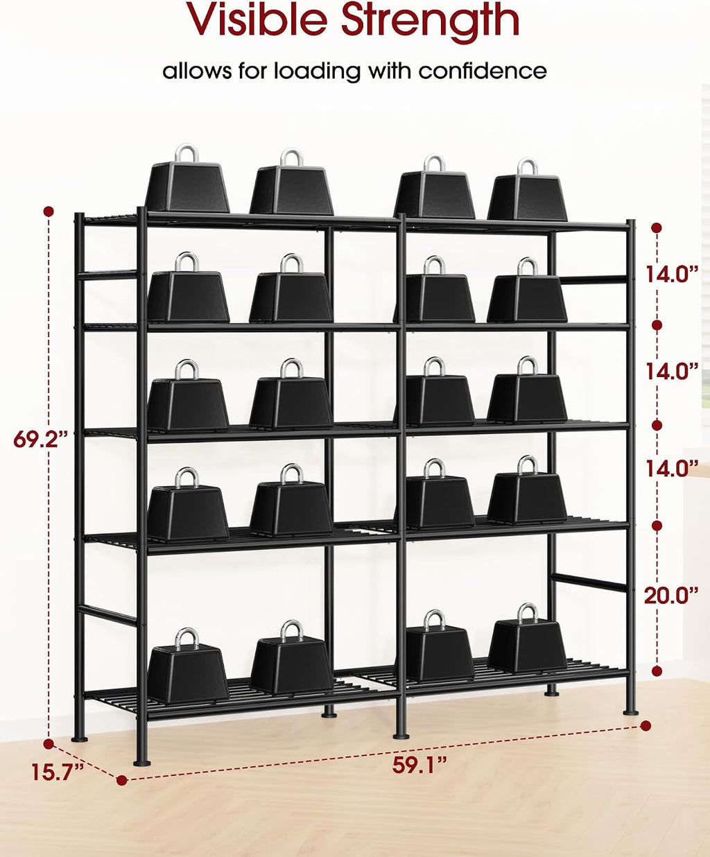 sakugi 5-tier heavy-duty garage storage shelves, 59.1"x15.7"x69.2", black, close-up detail
