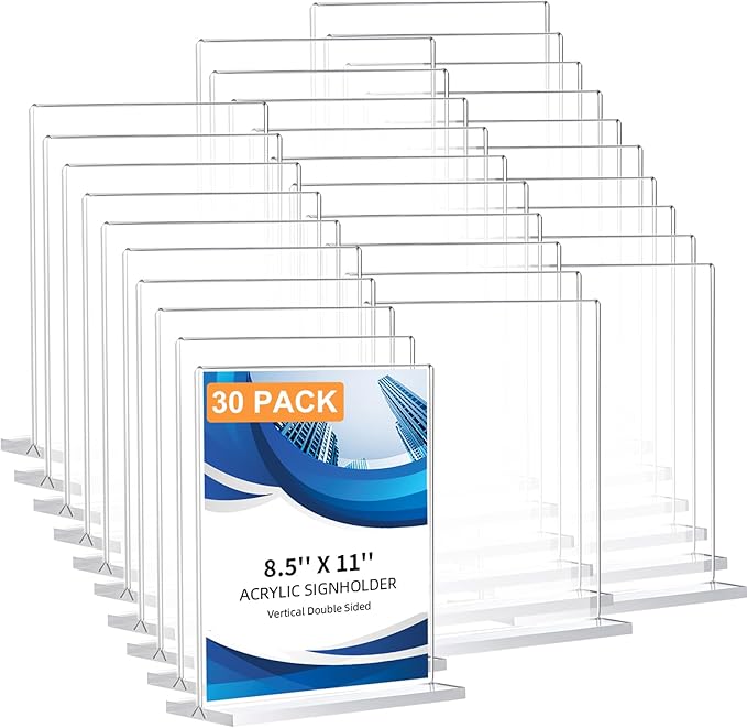 30 Pack Acrylic Sign Holder 8.5 x 11, Double-Sided Clear Sign Holder Plastic by DECOHOBO