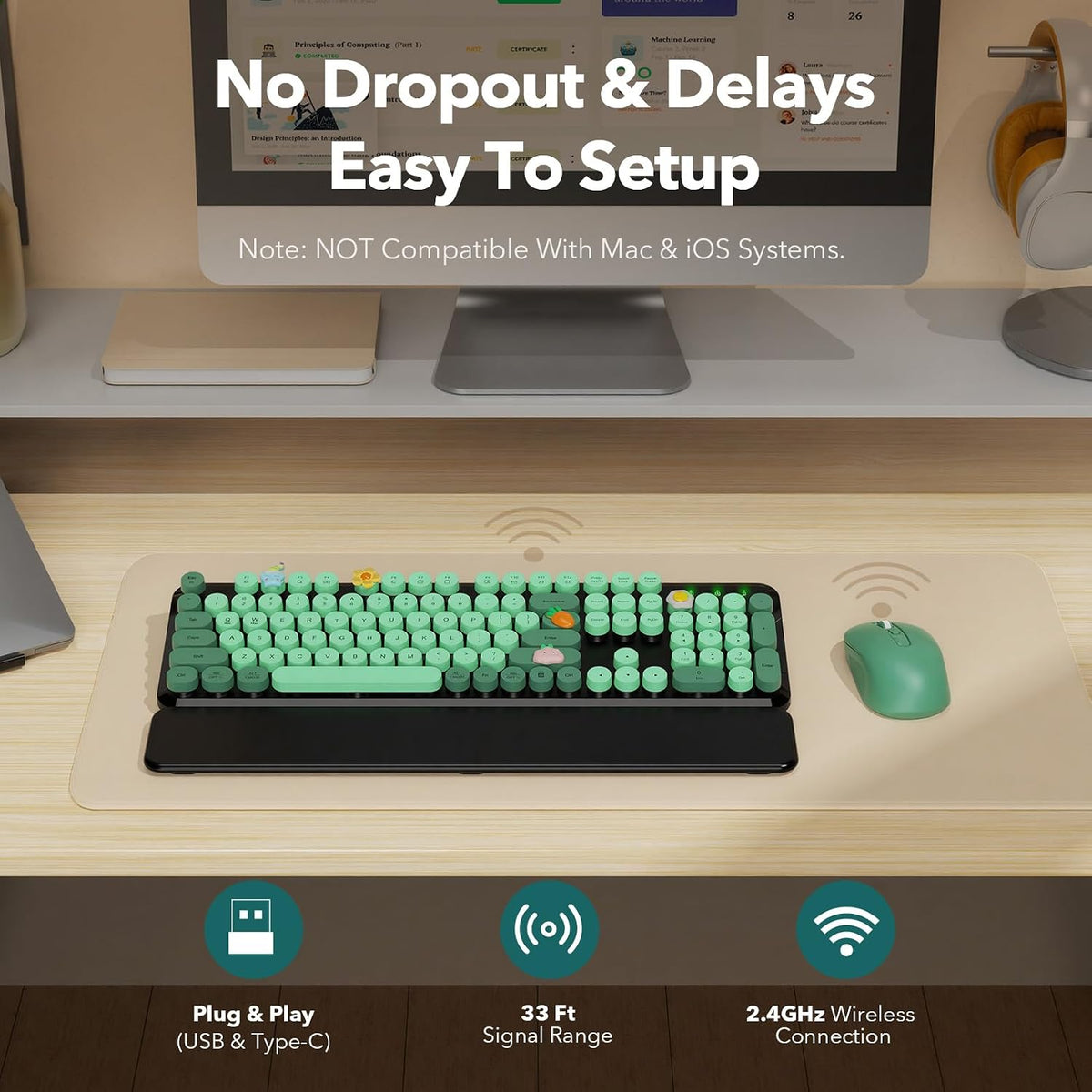 Wireless Keyboard and Mouse, Round Keycap, Magnetic Wrist Rest, Green Black