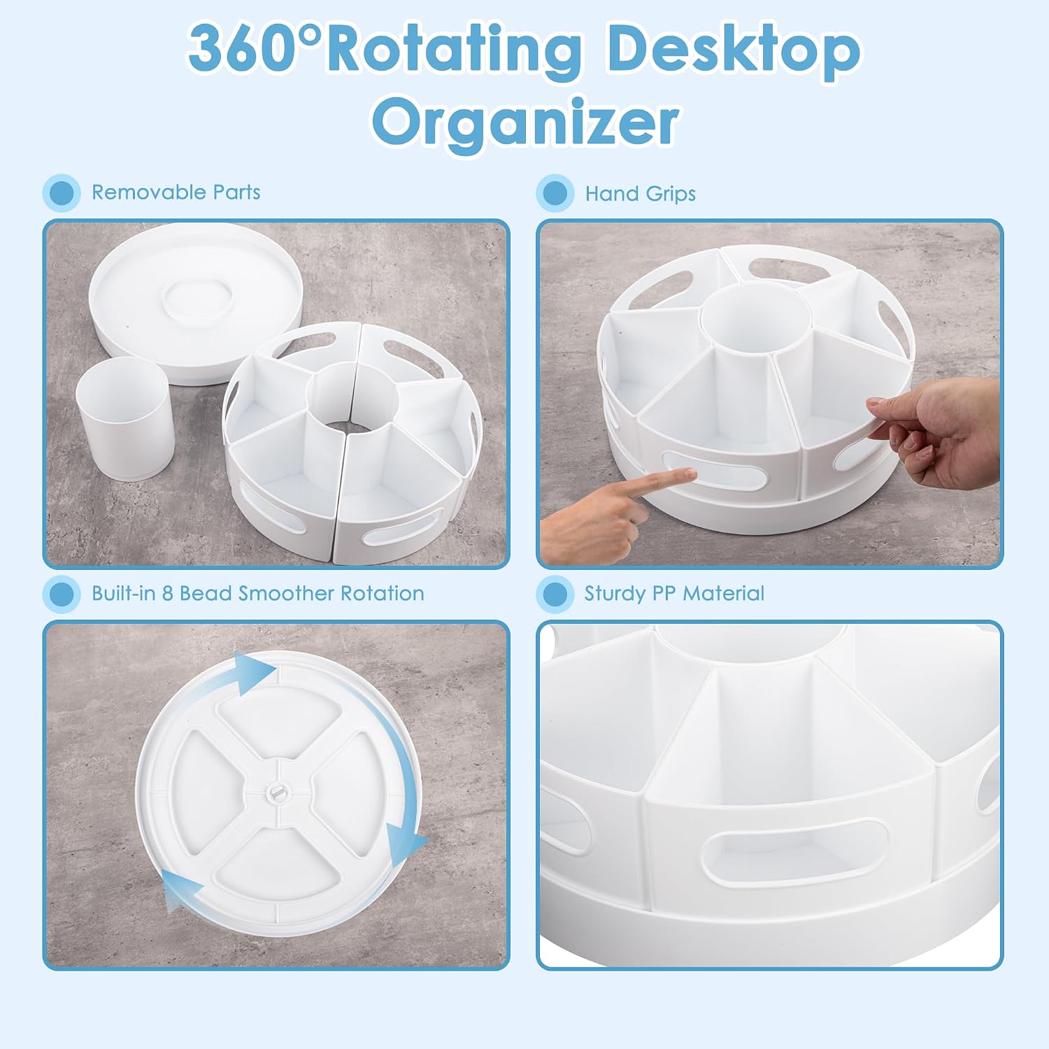 CraftGenes Rotating Art Supply Organizer, 7 Removable Compartments, White | Extra-large 360-degree desk caddy for markers, crayons and craft supplies, with 7 removable compartments and a non-slip base.