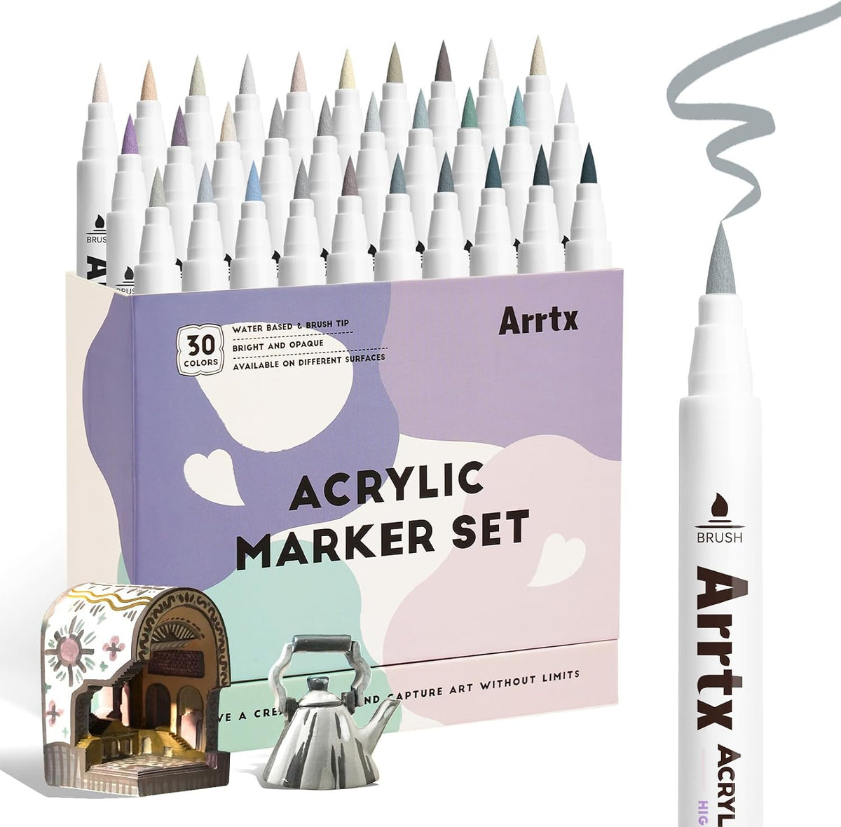 arrtx 30 gray tone acrylic paint markers, brush, main product view