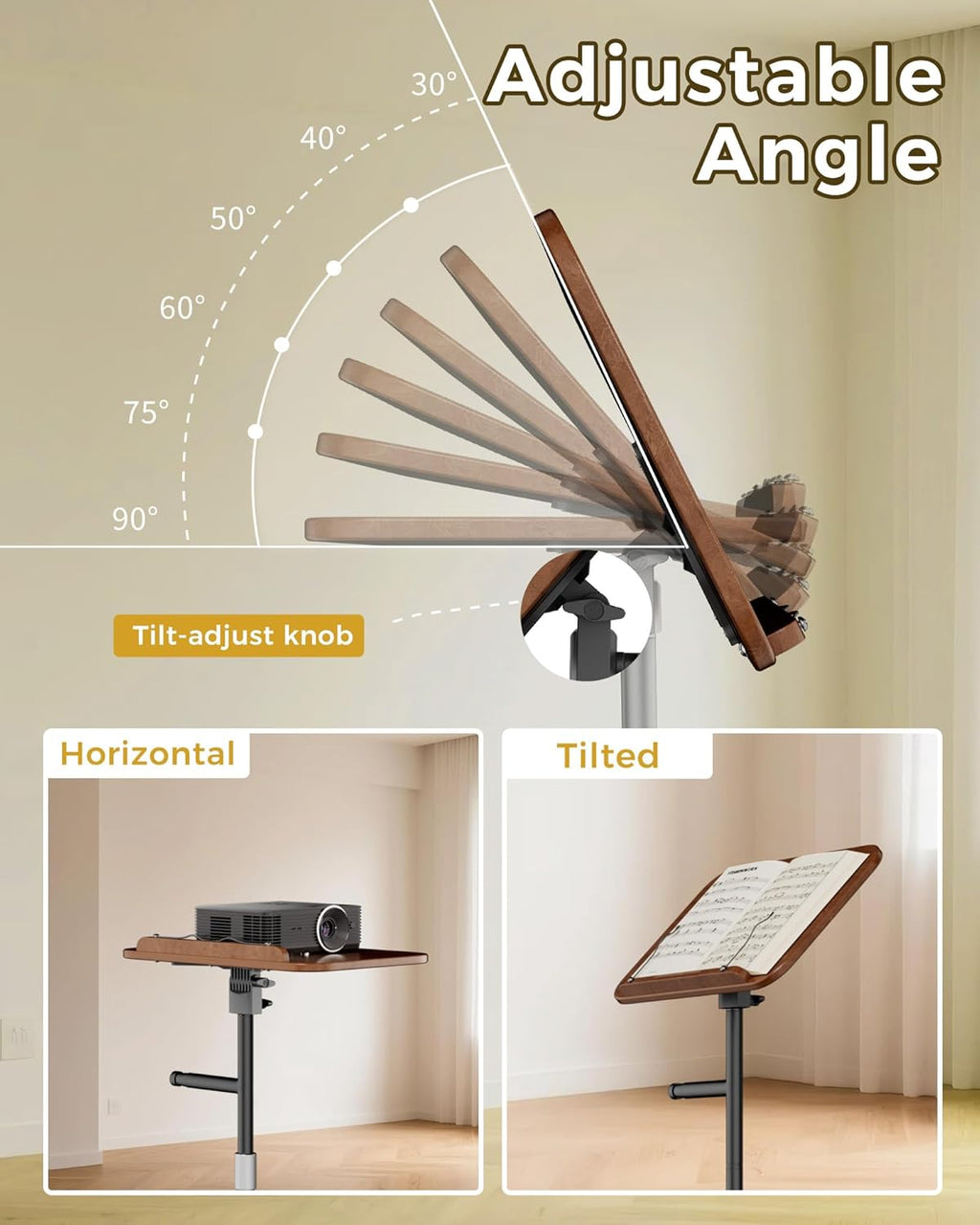Laptop Stand Floor, Wood Music Stand, Tablet Floor Stands Adjustable Height, Tall Book Stand Hands Free, for Projector, Office, Study, Brown