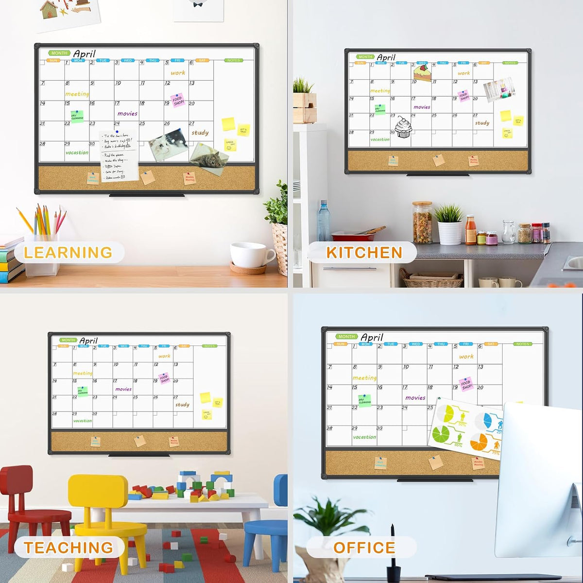 JILoffice Magnetic Calendar Whiteboard & Bulletin Corkboard Combination, ...