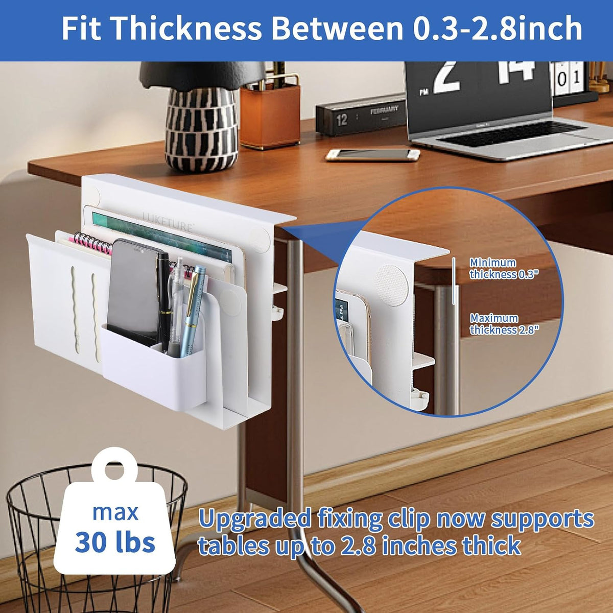 LUKETURE 2 Tier Desk Side Storage, No Drill Laptop Mount with Pen Holder